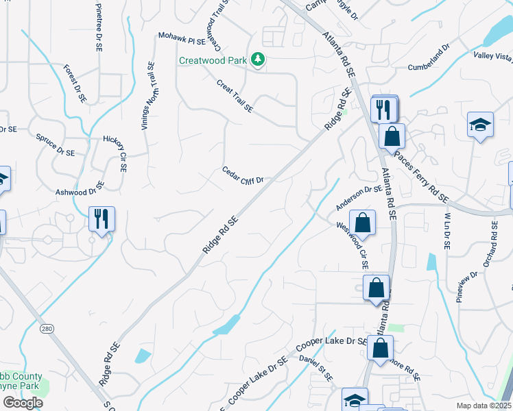 map of restaurants, bars, coffee shops, grocery stores, and more near 3731 Ridge Road Southeast in Smyrna