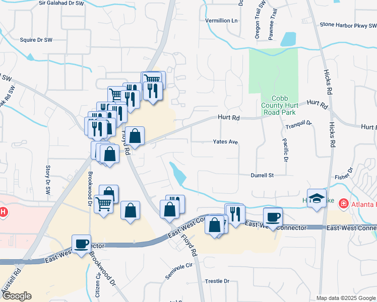 map of restaurants, bars, coffee shops, grocery stores, and more near 803 Heyford View in Austell