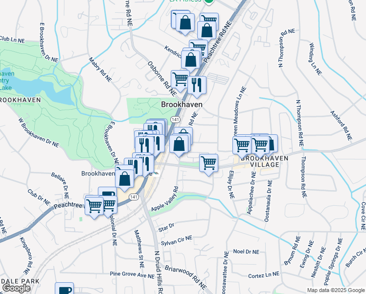 map of restaurants, bars, coffee shops, grocery stores, and more near 2587 Apple Valley Road in Atlanta