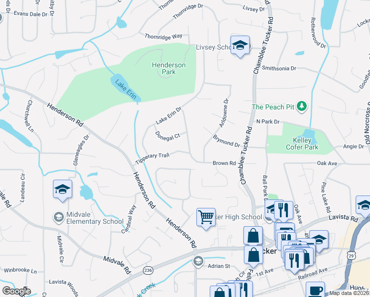 map of restaurants, bars, coffee shops, grocery stores, and more near 3998 Brown Road in Tucker