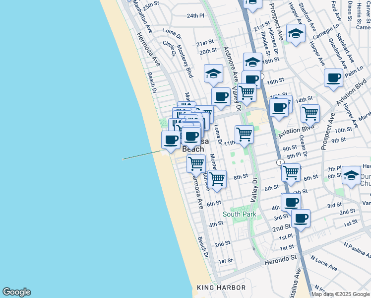 map of restaurants, bars, coffee shops, grocery stores, and more near in Hermosa Beach