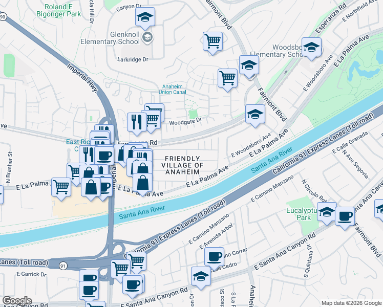 map of restaurants, bars, coffee shops, grocery stores, and more near Aneas Drive in Anaheim