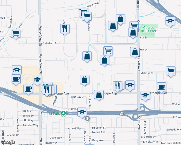 map of restaurants, bars, coffee shops, grocery stores, and more near 6799 Emerson Drive in Buena Park