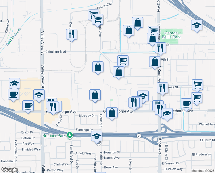 map of restaurants, bars, coffee shops, grocery stores, and more near 6598 Longfellow Drive in Buena Park