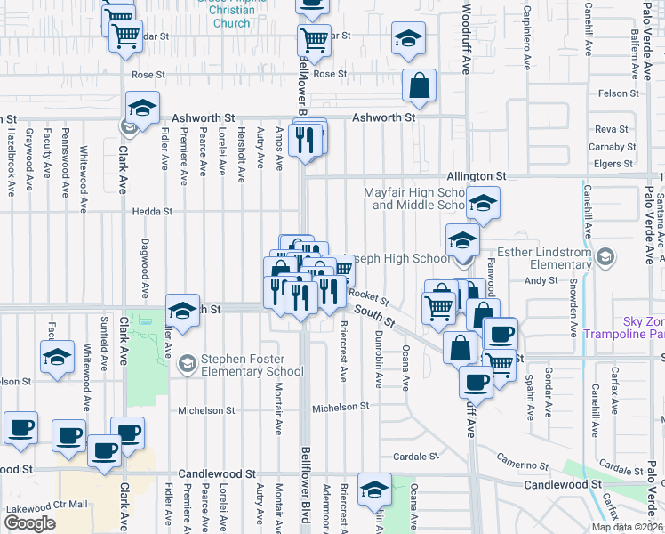 map of restaurants, bars, coffee shops, grocery stores, and more near 5860 Adenmoor Avenue in Lakewood