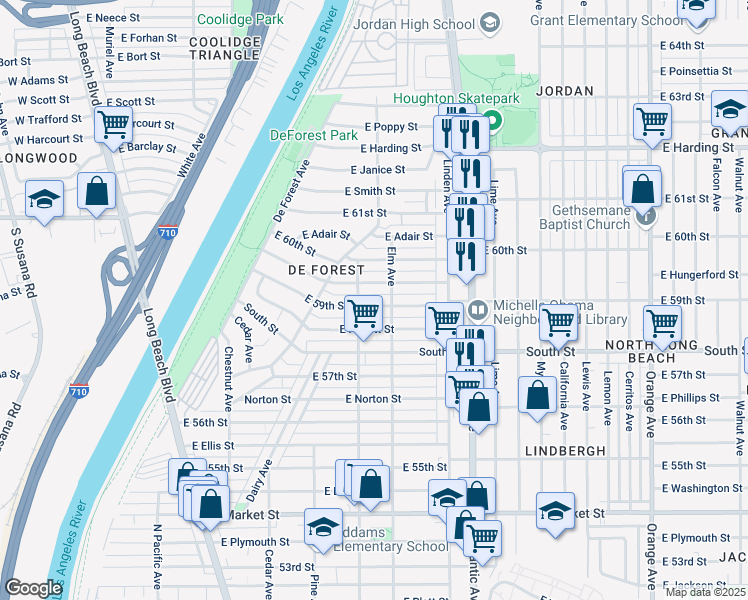 map of restaurants, bars, coffee shops, grocery stores, and more near 325 East 59th Street in Long Beach