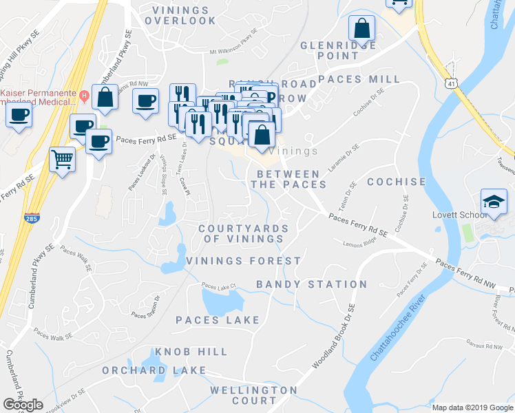 map of restaurants, bars, coffee shops, grocery stores, and more near 3671 Tanglewood Drive in Atlanta