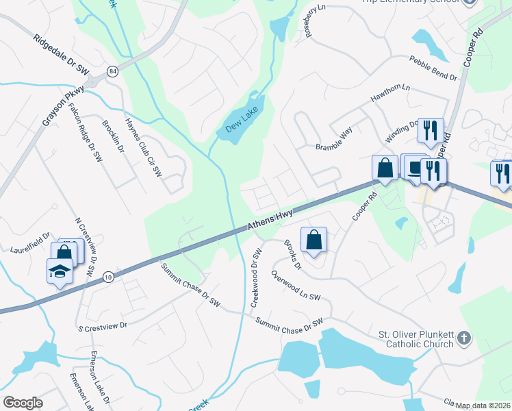 map of restaurants, bars, coffee shops, grocery stores, and more near 1438 Haynescrest Court in Grayson