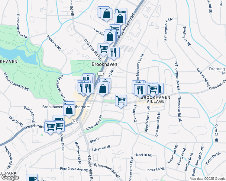 map of restaurants, bars, coffee shops, grocery stores, and more near 1299 Sunland Drive Northeast in Atlanta