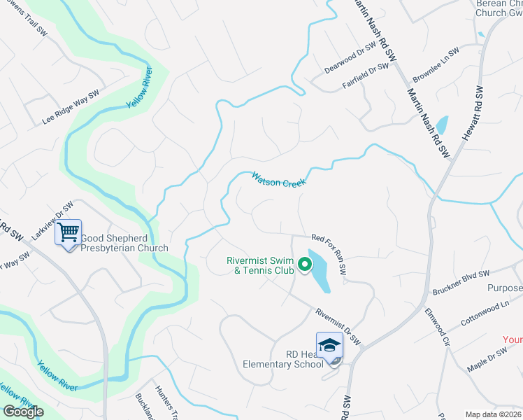 map of restaurants, bars, coffee shops, grocery stores, and more near 1388 Red Fox Run Southwest in Lilburn