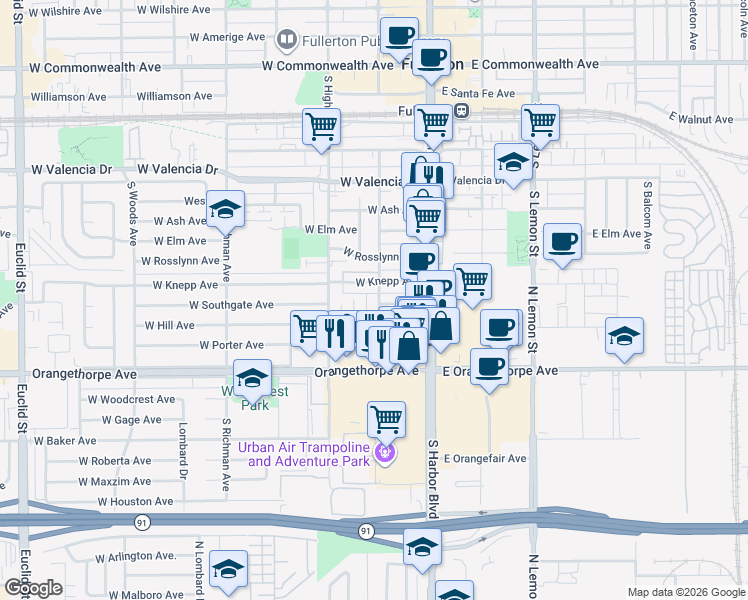 map of restaurants, bars, coffee shops, grocery stores, and more near 925 South Malden Avenue in Fullerton