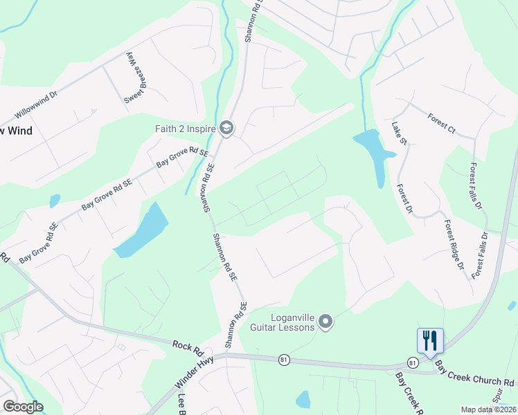 map of restaurants, bars, coffee shops, grocery stores, and more near 675 Shannon Road Southeast in Loganville