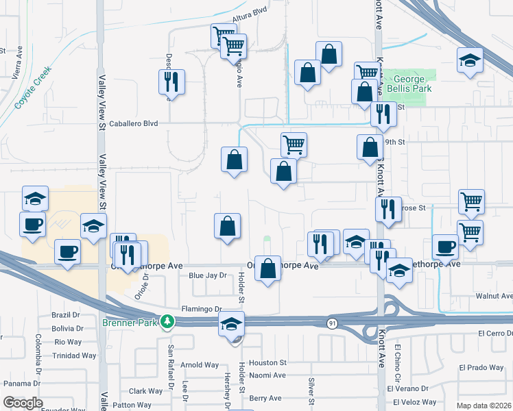 map of restaurants, bars, coffee shops, grocery stores, and more near 6598 Longfellow Drive in Buena Park