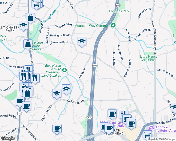 map of restaurants, bars, coffee shops, grocery stores, and more near 3915 Ivy Road Northeast in Atlanta