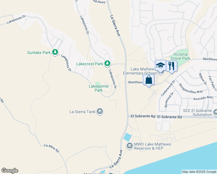 map of restaurants, bars, coffee shops, grocery stores, and more near 17877 Park Vista Court in Riverside