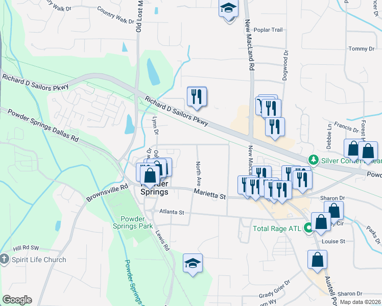 map of restaurants, bars, coffee shops, grocery stores, and more near 4355 Pineview Drive in Powder Springs