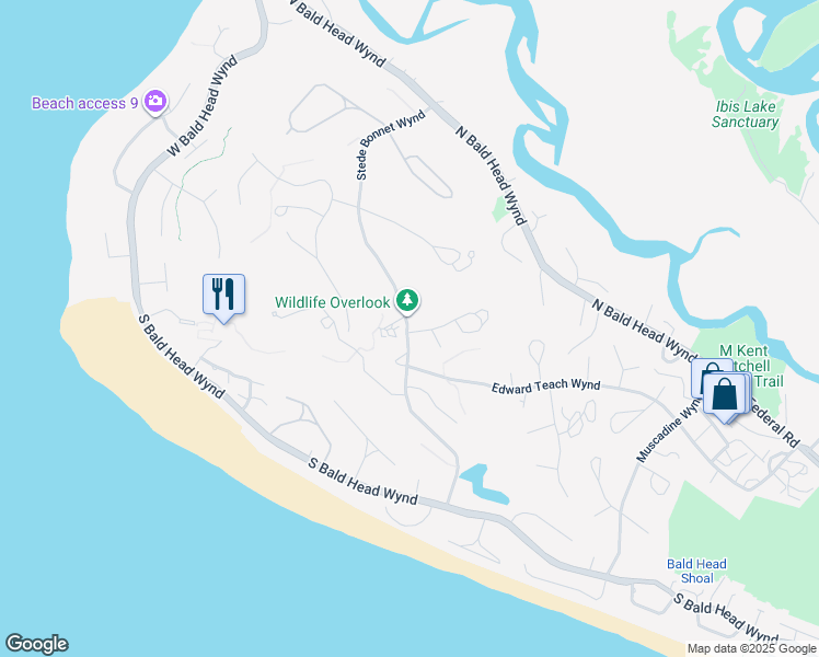 map of restaurants, bars, coffee shops, grocery stores, and more near 20 Bay Tree Trail in Bald Head Island