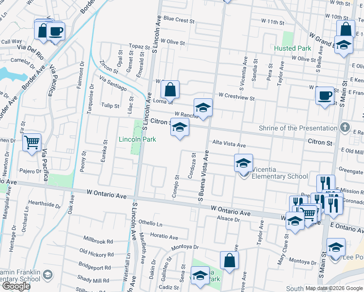map of restaurants, bars, coffee shops, grocery stores, and more near 1010 Citron Street in Corona