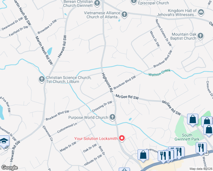 map of restaurants, bars, coffee shops, grocery stores, and more near 3159 Vail Court Southwest in Snellville