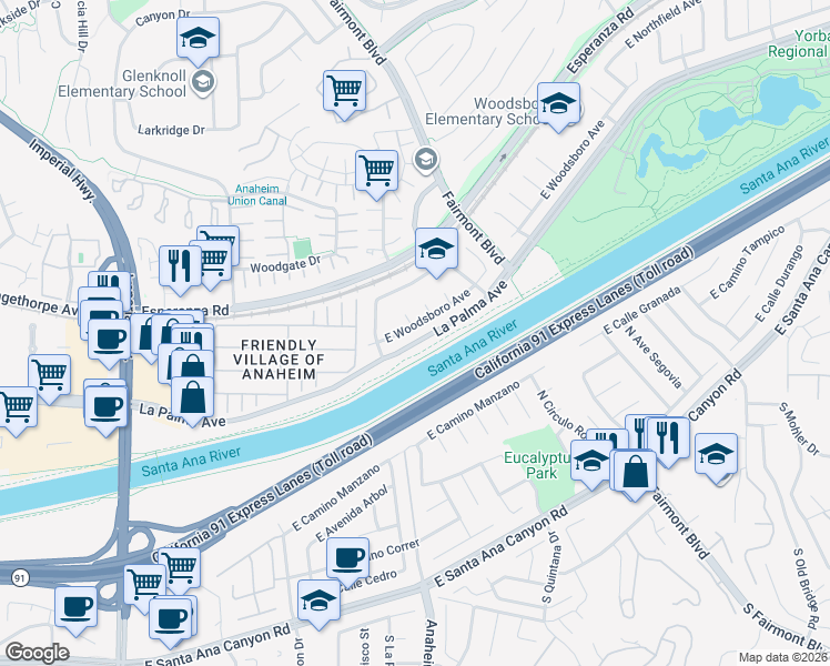 map of restaurants, bars, coffee shops, grocery stores, and more near 6232 East Woodsboro Avenue in Anaheim