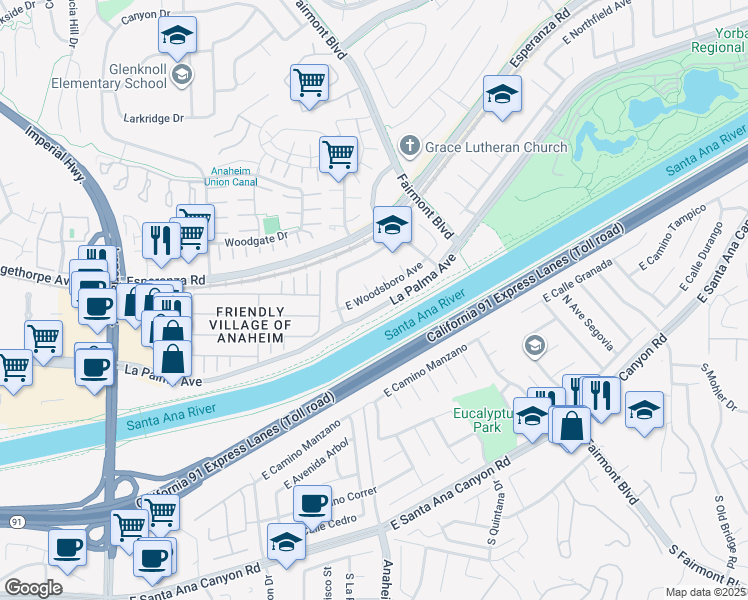 map of restaurants, bars, coffee shops, grocery stores, and more near 6232 East Woodsboro Avenue in Anaheim