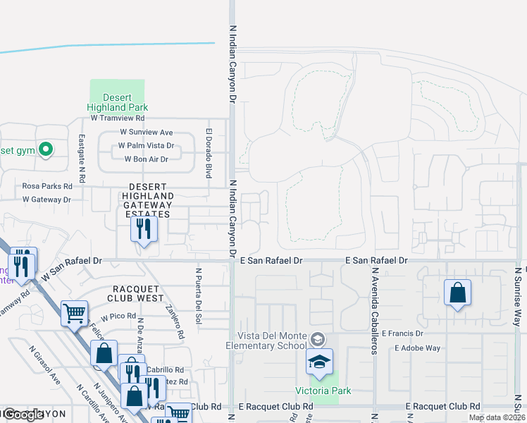 map of restaurants, bars, coffee shops, grocery stores, and more near 3586 Sunburst Boulevard in Palm Springs