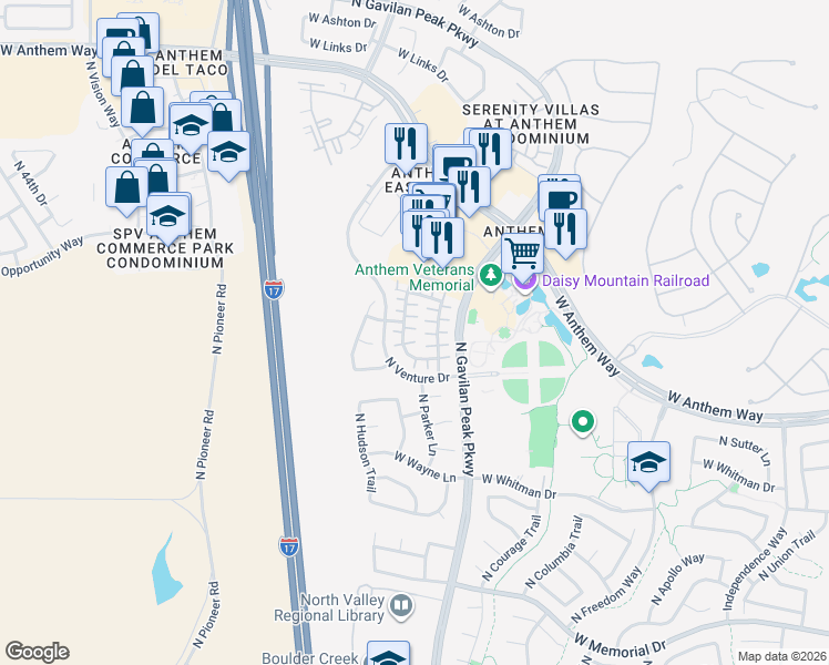 map of restaurants, bars, coffee shops, grocery stores, and more near 3681 Ericson Lane in New River