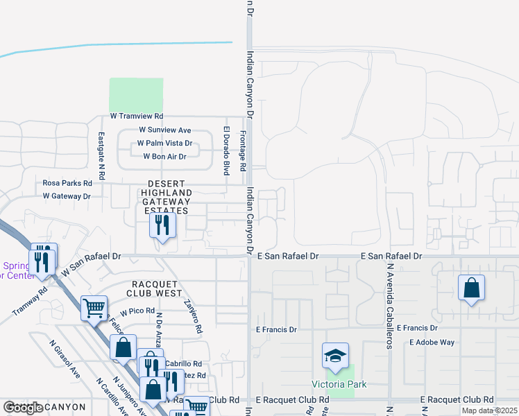 map of restaurants, bars, coffee shops, grocery stores, and more near 3611 Melody Lane in Palm Springs