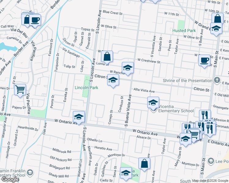 map of restaurants, bars, coffee shops, grocery stores, and more near 1010 Citron Street in Corona