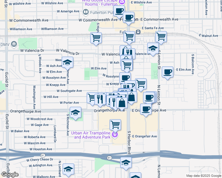 map of restaurants, bars, coffee shops, grocery stores, and more near 206 West Knepp Avenue in Fullerton