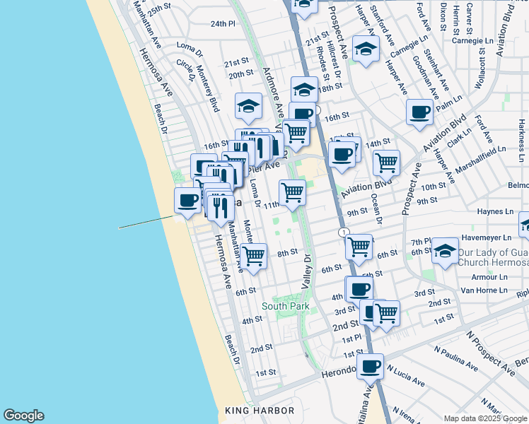map of restaurants, bars, coffee shops, grocery stores, and more near 1103 Cypress Avenue in Hermosa Beach