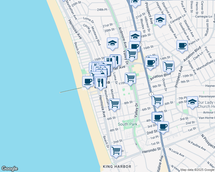 map of restaurants, bars, coffee shops, grocery stores, and more near 1107 Monterey Boulevard in Hermosa Beach