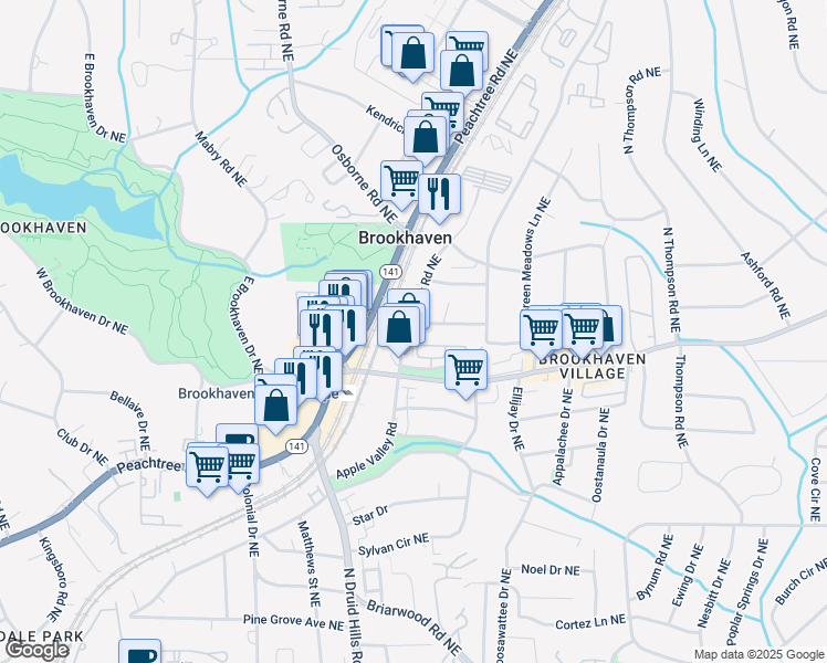 map of restaurants, bars, coffee shops, grocery stores, and more near 2595 Apple Valley Road in Atlanta