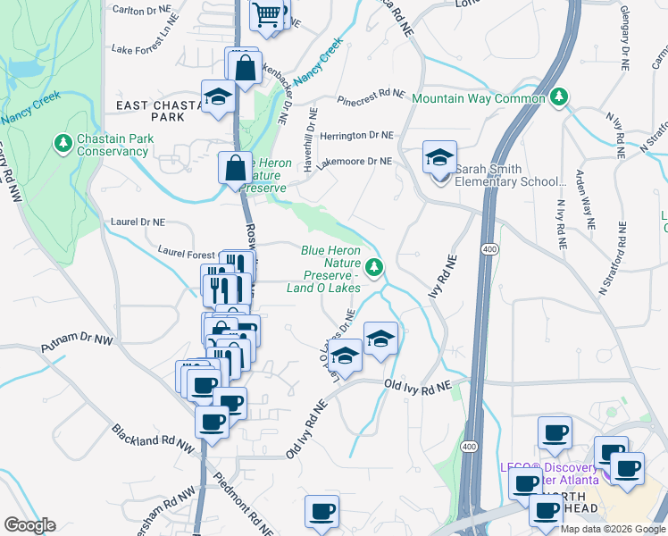 map of restaurants, bars, coffee shops, grocery stores, and more near 3987 Land O Lakes Drive Northeast in Atlanta