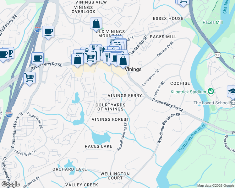 map of restaurants, bars, coffee shops, grocery stores, and more near 3671 Tanglewood Drive in Atlanta