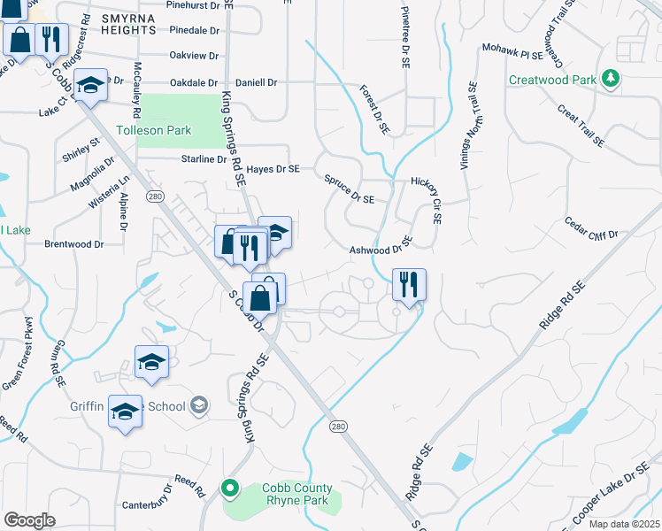 map of restaurants, bars, coffee shops, grocery stores, and more near 3710 Ashwood Drive Southeast in Smyrna