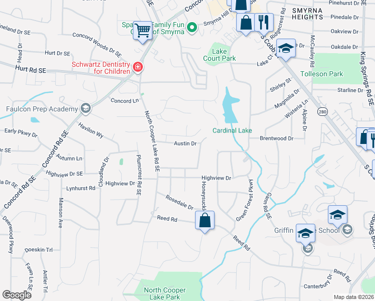 map of restaurants, bars, coffee shops, grocery stores, and more near 1516 Grace Meadows Lane Southeast in Smyrna