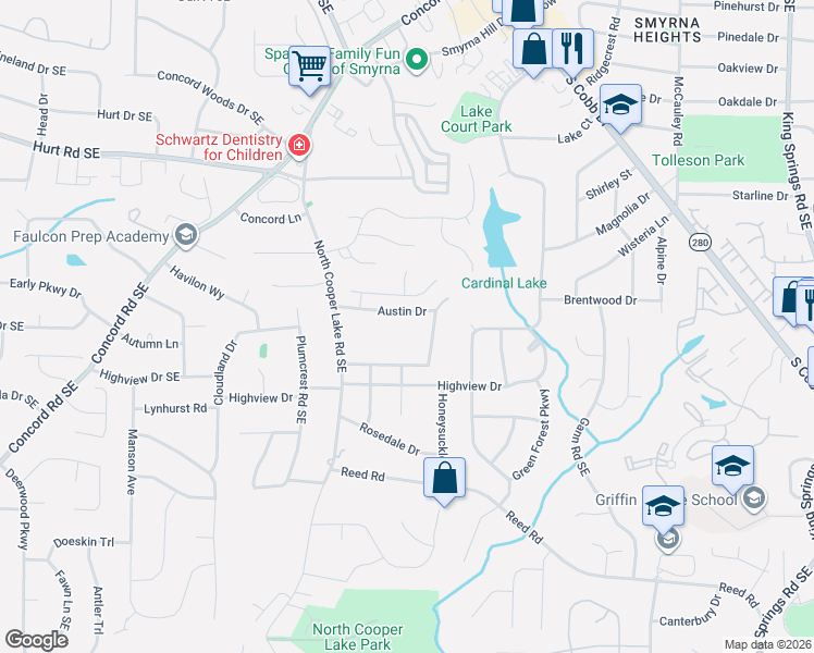 map of restaurants, bars, coffee shops, grocery stores, and more near 1516 Grace Meadows Lane Southeast in Smyrna