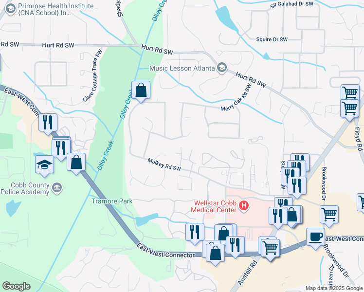 map of restaurants, bars, coffee shops, grocery stores, and more near 1947 Calvary Hill Court Southwest in Marietta
