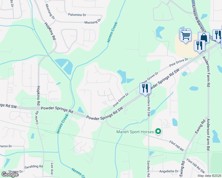 map of restaurants, bars, coffee shops, grocery stores, and more near 3807 Abbott Lane Southwest in Powder Springs