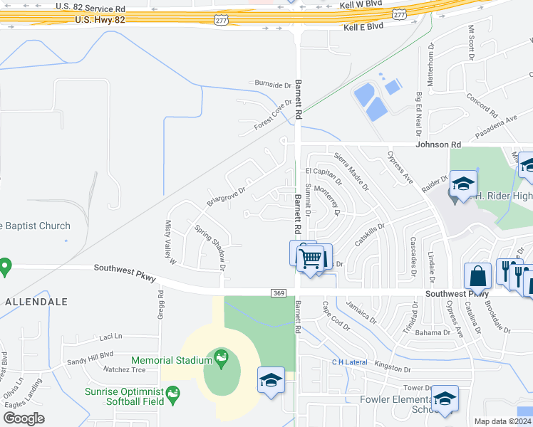 map of restaurants, bars, coffee shops, grocery stores, and more near 4540 Barnett Road in Wichita Falls