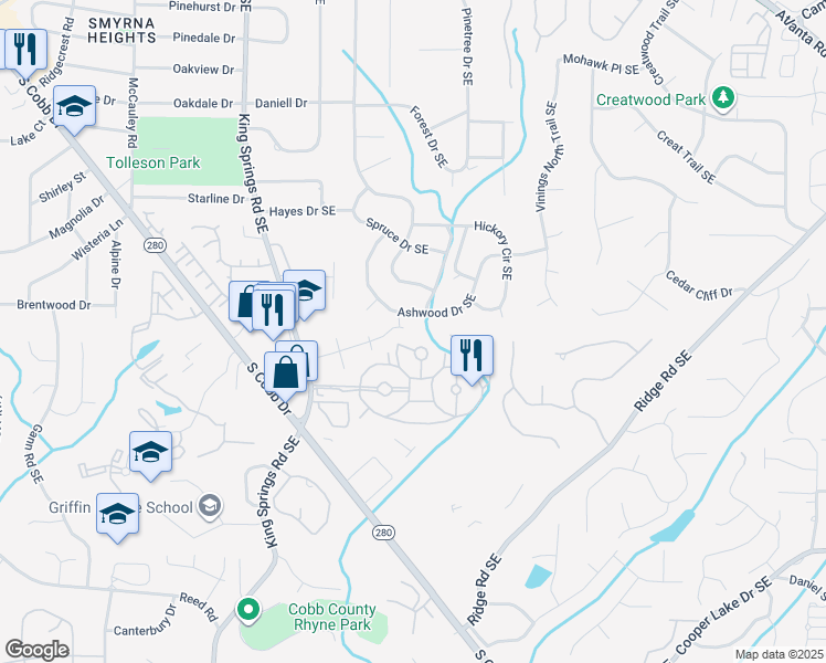 map of restaurants, bars, coffee shops, grocery stores, and more near 3754 Ashwood Drive Southeast in Smyrna