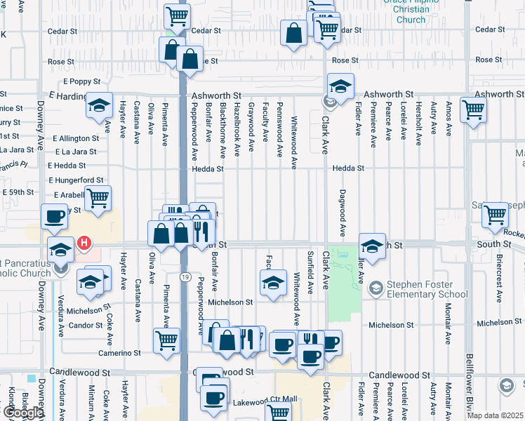 map of restaurants, bars, coffee shops, grocery stores, and more near 5853 Faculty Avenue in Lakewood