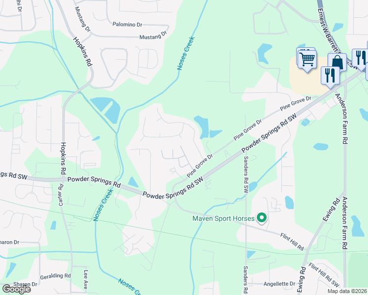 map of restaurants, bars, coffee shops, grocery stores, and more near 3807 Abbott Lane Southwest in Powder Springs