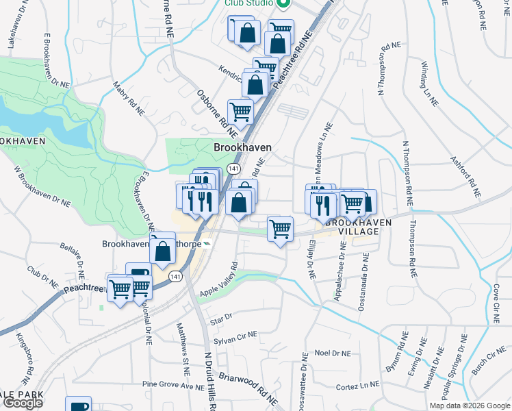map of restaurants, bars, coffee shops, grocery stores, and more near 1291 Sunland Drive Northeast in Atlanta