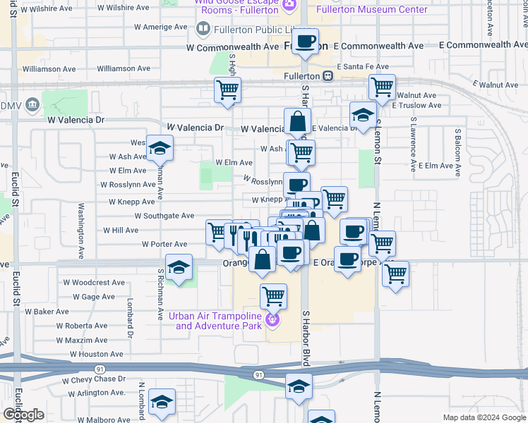 map of restaurants, bars, coffee shops, grocery stores, and more near 925 South Malden Avenue in Fullerton