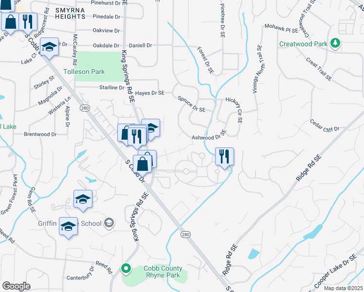 map of restaurants, bars, coffee shops, grocery stores, and more near 3710 Ashwood Drive Southeast in Smyrna