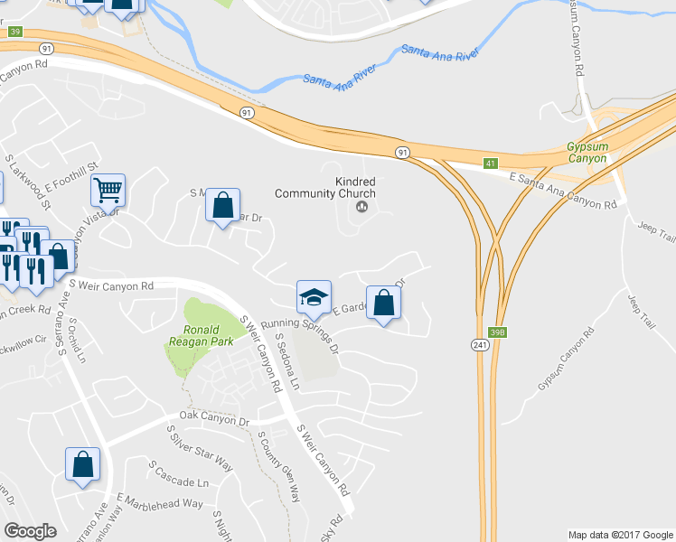 map of restaurants, bars, coffee shops, grocery stores, and more near 8701 East Foxhollow Drive in Anaheim