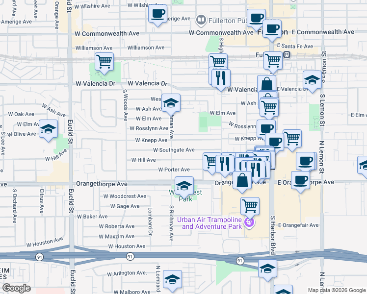 map of restaurants, bars, coffee shops, grocery stores, and more near 443 West Southgate Avenue in Fullerton