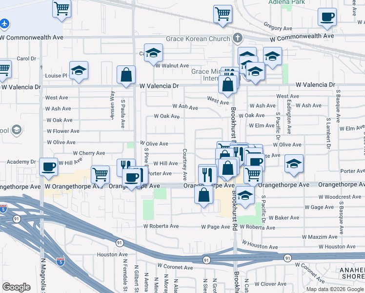 map of restaurants, bars, coffee shops, grocery stores, and more near 801 South Courtney Avenue in Fullerton
